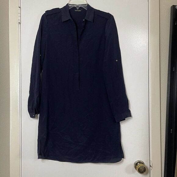 Massimo Dutti Navy Blue Button front Mulberry silk tunic blouse shirt size US 4 - Picture 1 of 5